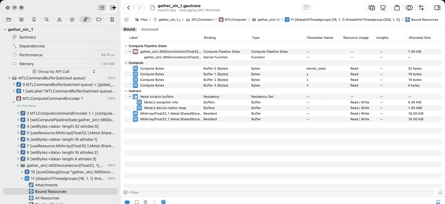 Xcode's navigator with a labelled command buffer and kernel folder, and the Bound Resources of a dispatch