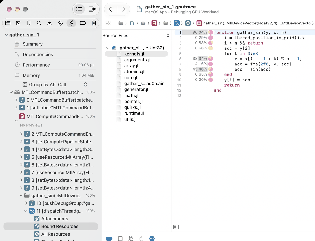 Xcode showing kernels.jl with per-line GPU time percentages
